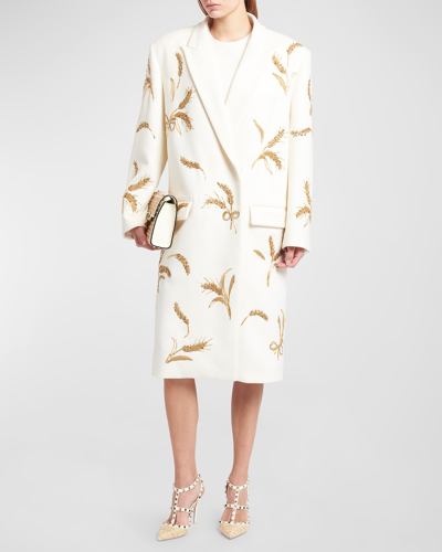 Shop Valentino Ears Of Wheat Embroidered Compact Cashmere Coat In White Multi