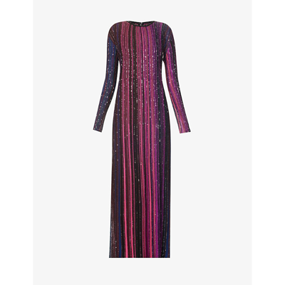 Shop Missoni Women's Black-violet-fuchsia Striped Sequin-embellished Knitted Maxi Dress