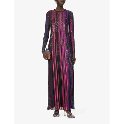 Shop Missoni Women's Black-violet-fuchsia Striped Sequin-embellished Knitted Maxi Dress
