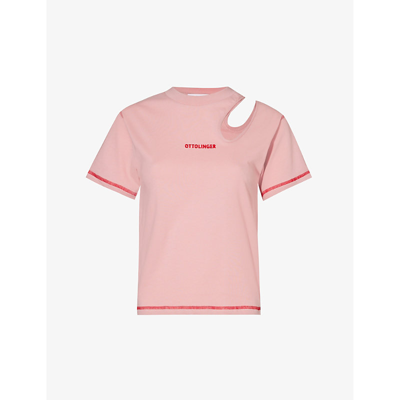 Shop Ottolinger Women's Pink Logo-embroidered Cut-out Organic-cotton T-shirt