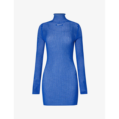 Shop Off-white C/o Virgil Abloh Women's Blue White Logo-patch Long-sleeved Knitted Mini Dress