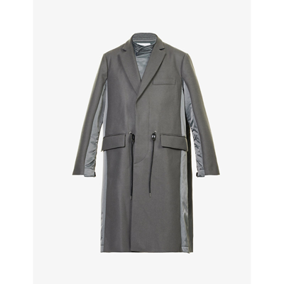 Shop Sacai Men's Grey Relaxed-fit Drawstring-waist Wool Coat