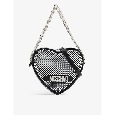 Shop Moschino Women's Fantasy Print Black Heart-shaped Crystal-embellished Woven Shoulder Bag