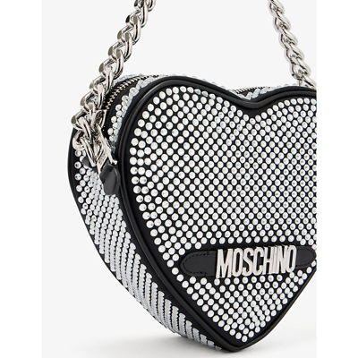 Shop Moschino Women's Fantasy Print Black Heart-shaped Crystal-embellished Woven Shoulder Bag
