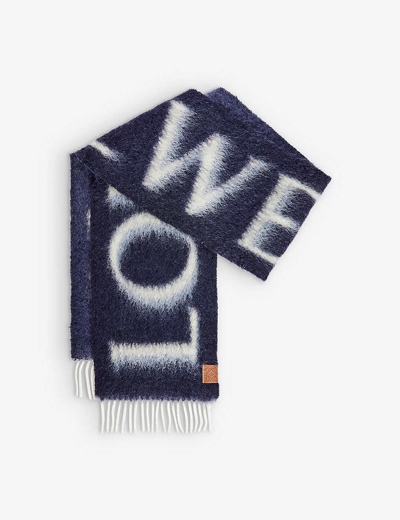 Shop Loewe Women's Navy/grey Anagram-patch Logo Wool And Mohair-blend Scarf