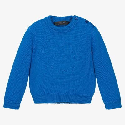Shop Versace Blue Wool Knit Medusa Sweater