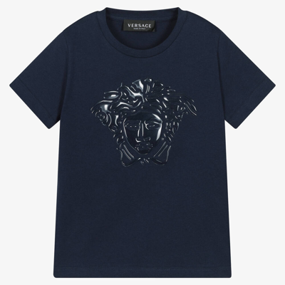 Shop Versace Boys Navy Blue Medusa T-shirt