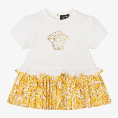 Shop Versace Baby Girls White & Gold Barocco Dress