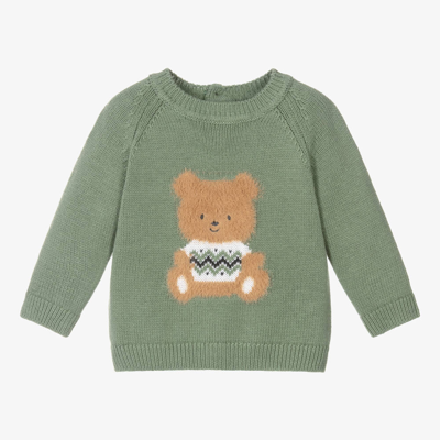 Shop Ido Mini Green Knitted Cotton & Wool Sweater