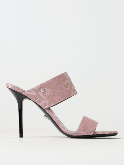 Shop Versace Allover Sandals In Jacquard Fabric In Pink