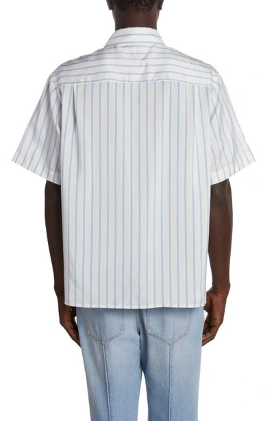 Shop Bottega Veneta Double Stripe Short Sleeve Silk Button-up Shirt In Off White/ Pale Blue