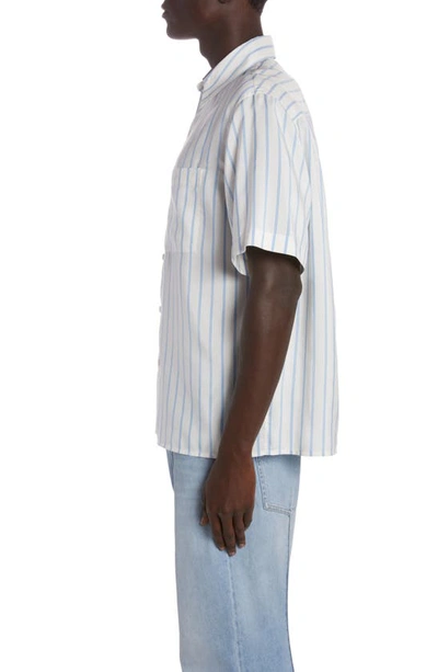 Shop Bottega Veneta Double Stripe Short Sleeve Silk Button-up Shirt In Off White/ Pale Blue