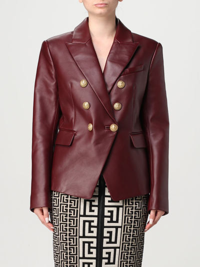 Shop Balmain Double-breasted Leather Blazer In Burgundy