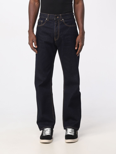 Shop Palm Angels Jeans In Denim With Embroidered Logo In Navy