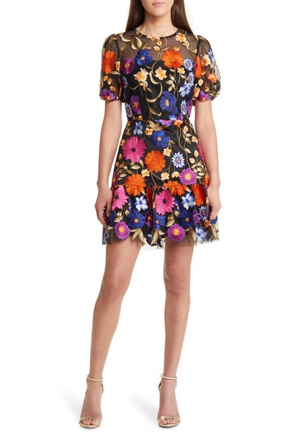 Shop Milly Yasmin Floral Embroidered Puff Sleeve Mesh Fit & Flare Dress In Black Multi