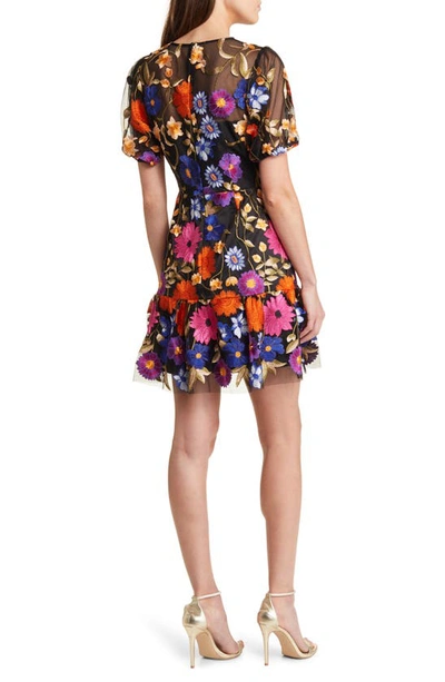 Shop Milly Yasmin Floral Embroidered Puff Sleeve Mesh Fit & Flare Dress In Black Multi
