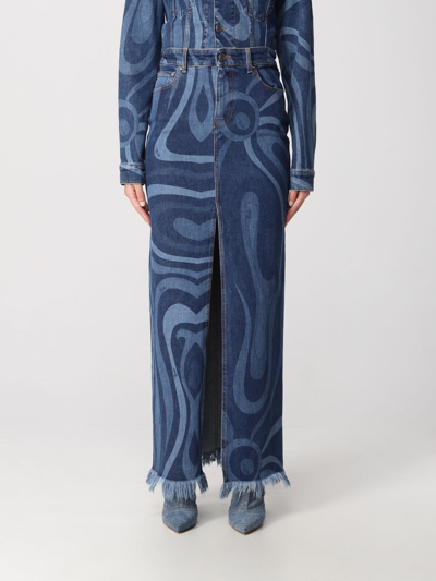 Shop Emilio Pucci Skirt In Denim With Print In Blue