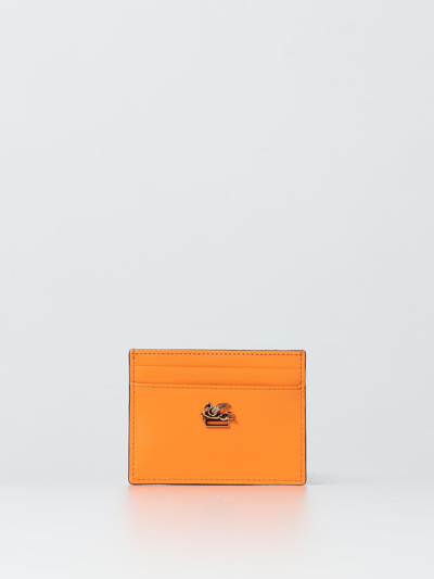 Shop Etro Credit Card Holder In Leather With Pegasus In Orange