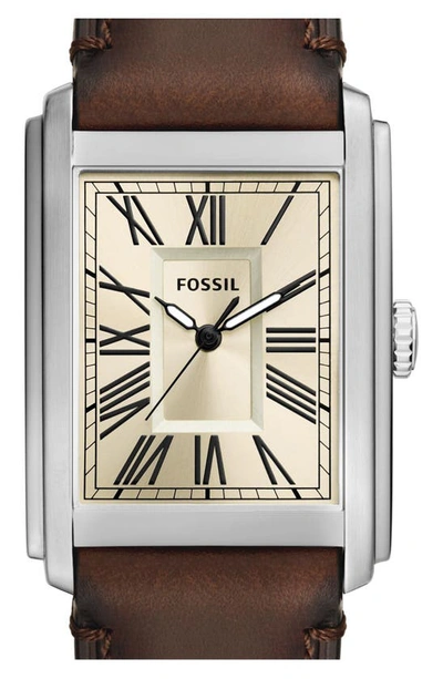 Shop Fossil Carraway Leather Strap Watch, 30mm In Brown/ Silver