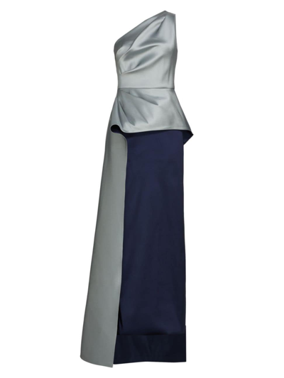 Shop Teri Jon By Rickie Freeman Women's One-shoulder Peplum Gown In Silver Navy