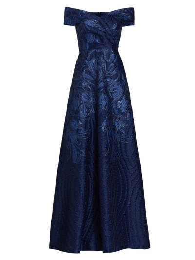 Shop Teri Jon By Rickie Freeman Women's Metallic Floral Off-the-shoulder Gown In Navy