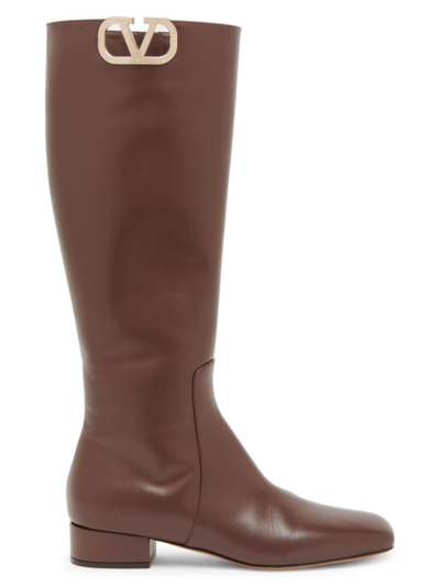 Shop Valentino Women's Vlogo Type Calfskin Boots 30mm In Cacao