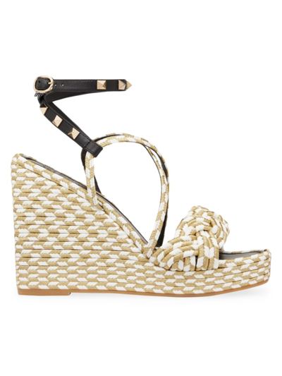 Shop Valentino Women's Rockstud Silk Torchon Wedge Sandals In Platinum