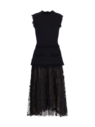 Shop Oscar De La Renta Women's Tweed & Tulle Cotton Midi-dress In Black
