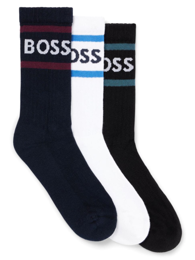 Shop Hugo Boss Men's Three-pack Of Short Socks With Stripes And Logo In Blue Beige Black
