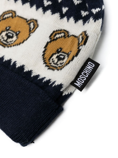 Shop Moschino Intarsia-logo Knitted Hat In Blue