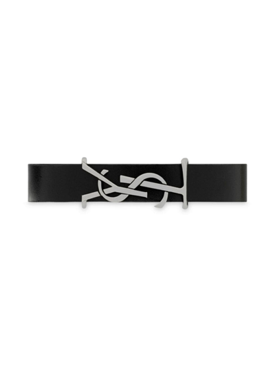 Shop Saint Laurent Men's Cassandre Bracelet In Leather And Metal In Black Oxidized Silver