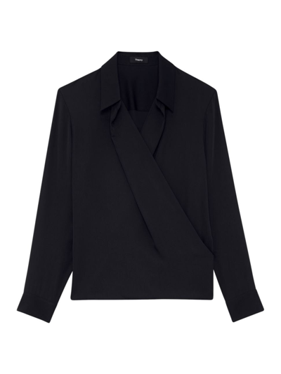 Shop Theory Women's Silk Long-sleeve Wrap Blouse In Black