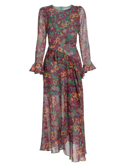 Shop Saloni Women's Jolene Asymmetric Floral Midi-dress In Prairie Sky
