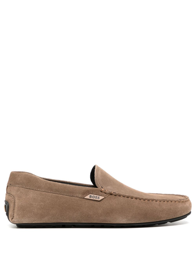 Shop Hugo Boss Logo-debossed Suede Loafers In Brown