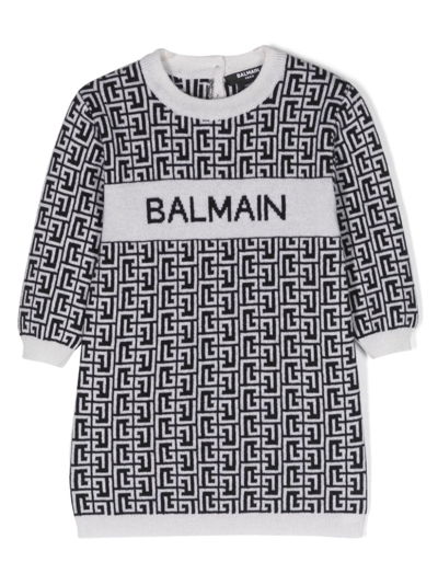 Shop Balmain Intarsia-knit Logo Dress In Neutrals
