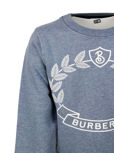 Shop Burberry Crewneck Sweatshirt In Cotton Jersey With White Logo Print On The Front In Light Blu