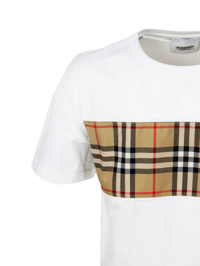 Shop Burberry Crew Neck T-shirt In Cotton Jersey With Classic Check Pattern On The Front In White