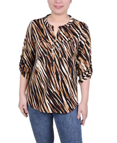 Shop Ny Collection Women's Long Tab-sleeve Top With Pockets In Black Gold Animal