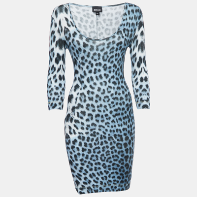 Pre-owned Just Cavalli Blue Leopard Print Knit Long Sleeve Mini Dress Xs