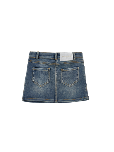 Monnalisa Floral-embroidered Denim Skirt In Denim Blue + Ecru