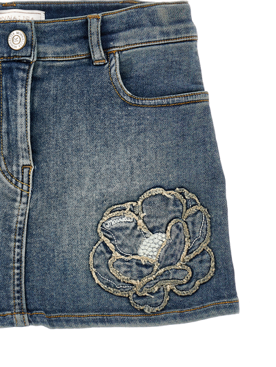 Monnalisa Floral-embroidered Denim Skirt In Denim Blue + Ecru