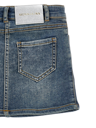 Monnalisa Floral-embroidered Denim Skirt In Denim Blue + Ecru