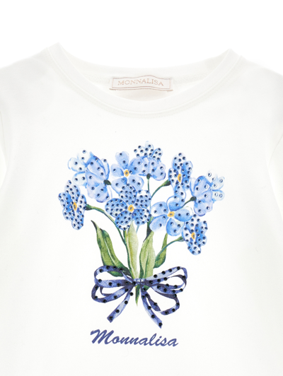 Monnalisa Bouquet Print Jersey T-shirt In Cream + Light Blue