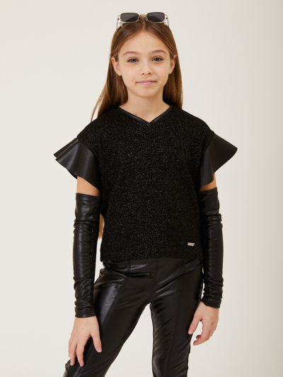 Monnalisa Lurex Blouse With Sleeves In Black + Silver