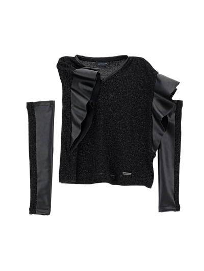 Monnalisa Lurex Blouse With Sleeves In Black + Silver