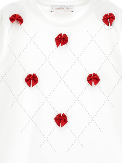 Monnalisa Rhinestones And Bows T-shirt In Cream + Ruby Red