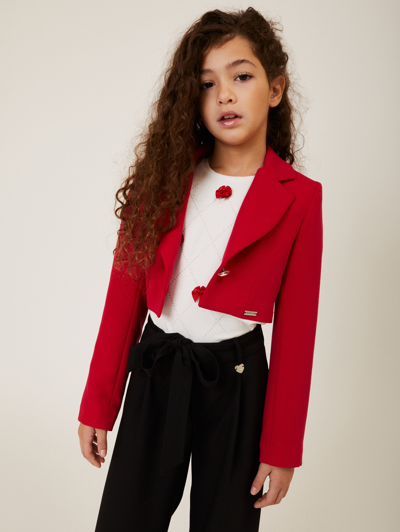 Monnalisa Rhinestones And Bows T-shirt In Cream + Ruby Red