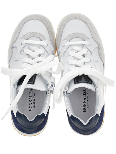 Monnalisa Boys' Leather Sneakers In Cream + Navy Blue