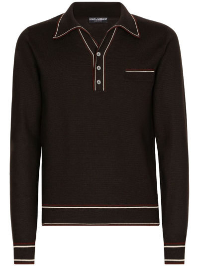 Shop Dolce & Gabbana Contrasting-border Virgin-wool Polo Top In Brown
