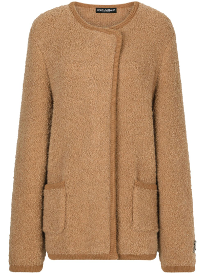 Shop Dolce & Gabbana Logo-plaque Off-centre Knitted Coat In Brown